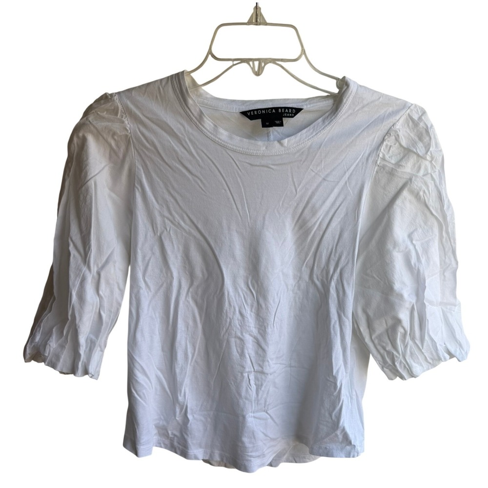 Veronica Beard Women's White Crew Neck Pima Cotton Puff‎ Sleeve Top Sz M